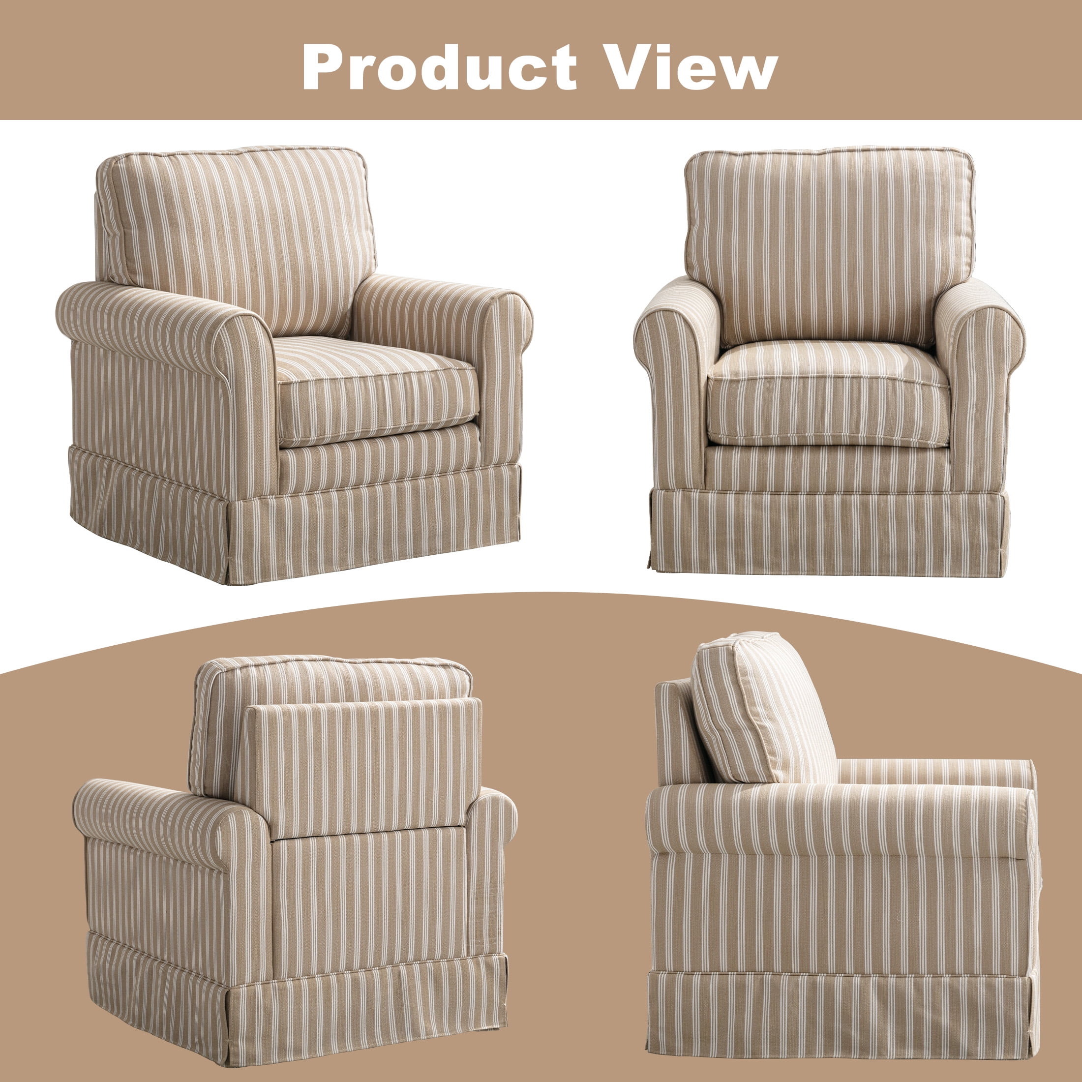 Ebello 30" Wide Bohemian Cotton Blend Vertical Stripe Sloped Arm Swivel Accent Chairs for Adults, Brown