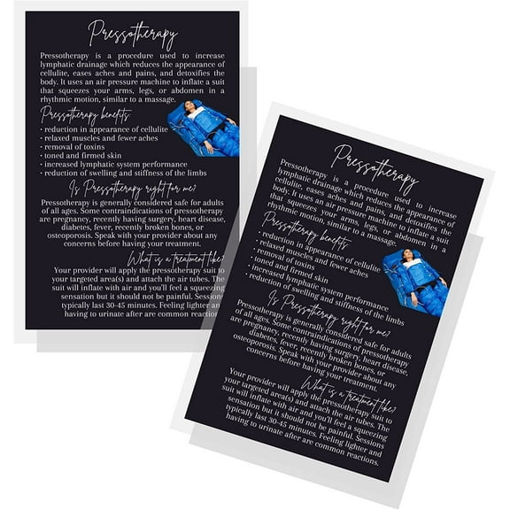Pressotherapy Information Card  30 Pack  4x6" inch Postcard Size  Lymphatic Drainage  Cellulite Reduction  Black Card Design