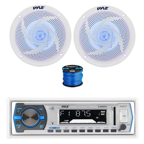 Pyle PLMRB29W Single DIN Bluetooth Marine MP3 Stereo Receiver, 2x 6.5" 240 Watt 2-Way Slim Low Profile Blue Flashing LED Audio Speakers (White) w/ Wire