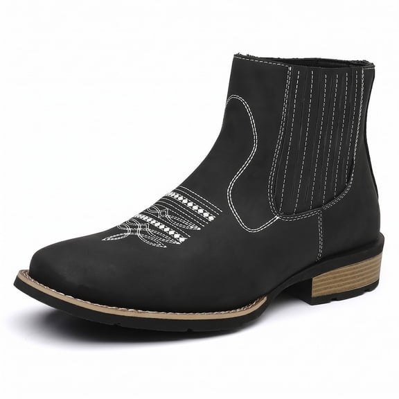 Men's Western Cowboy Ankle Boots - Vintage Embroidered Slip-On Chelsea Style with Casual Elastic Sides & Low Block Heel Booties