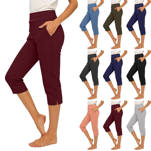 Capris for Women with Pockets Golf Pants 7/8 High Waisted Stretch Pull On Above Ankle Business Casual Travel Athletic Work Wine 2XL