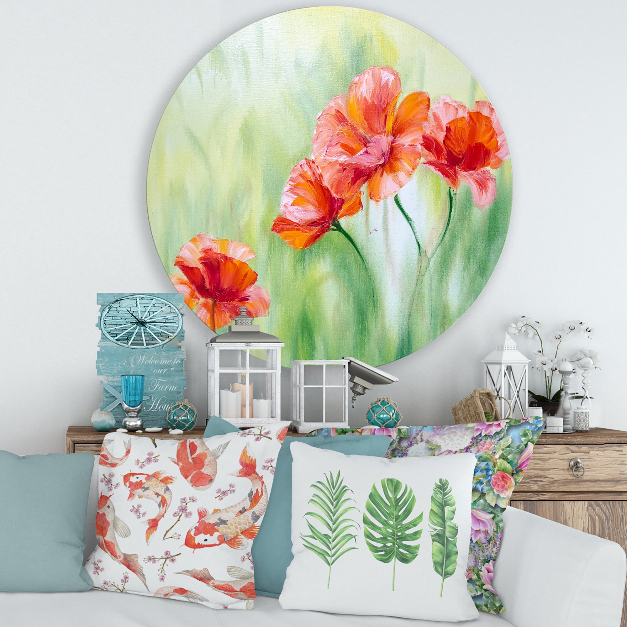 Designart 'Red Blossoming Poppies Over Wild Green I' Traditional Circle Metal Wall Art 29x29 - Disc of 29