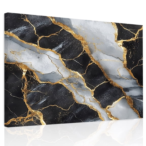 Abstract Marble Canvas Print Wall Art, Black Gold Crack Texture Impressionist Wall Decor Modern Artwork Paintings Pictures for Living Room Framed and Stretched Ready to Hang, 16" x 20"