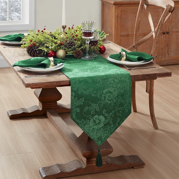 Elrene Home Fashions Poinsettia Elegance Jacquard Holiday Table Runner, Green, 13" x 70"