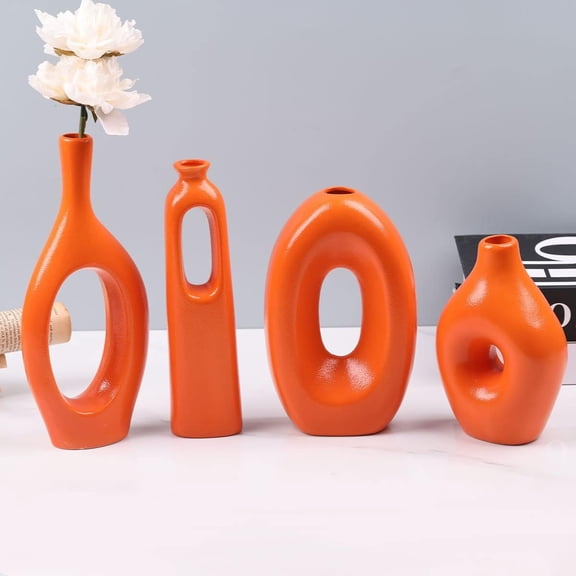 Orange Ceramic Vase Set of 4 - Round Hollow Vases for Pampas Grass and Flowers Decor, Modern Minimalist Small Vases for Living Room, Bedroom, Fireplace, Coffee Table Decor and Centerpieces