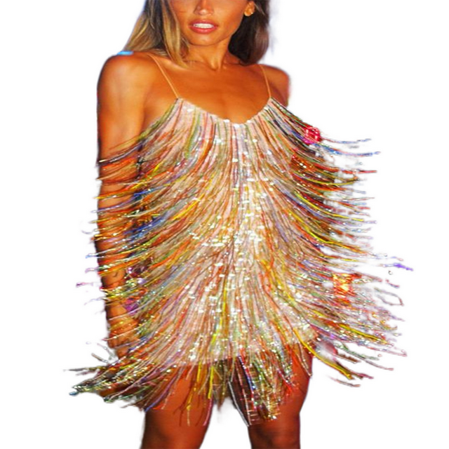 Robe de Soirée Club à Paillettes pour Femmes Bretelles Spaghetti Sans Manches Dos Nu avec Franges