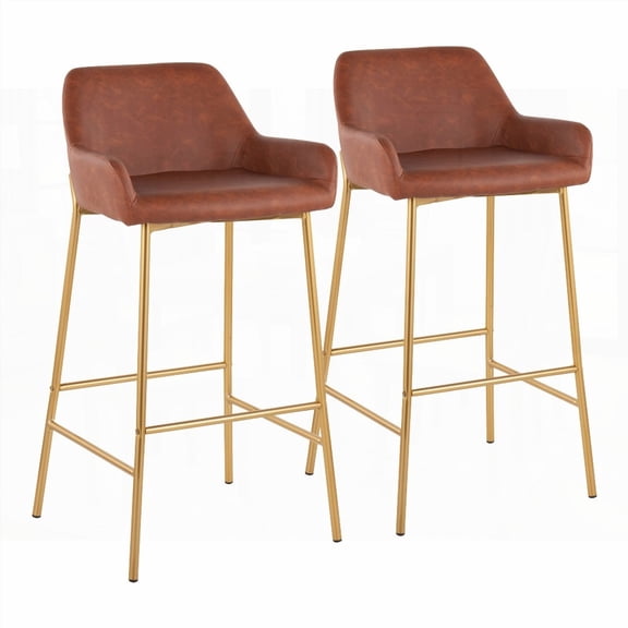 Set of 2 Contemporary Gold Metal & Camel Faux Leather Bar Stools by LumiSource - Fixed Height for Kitchen/Bars