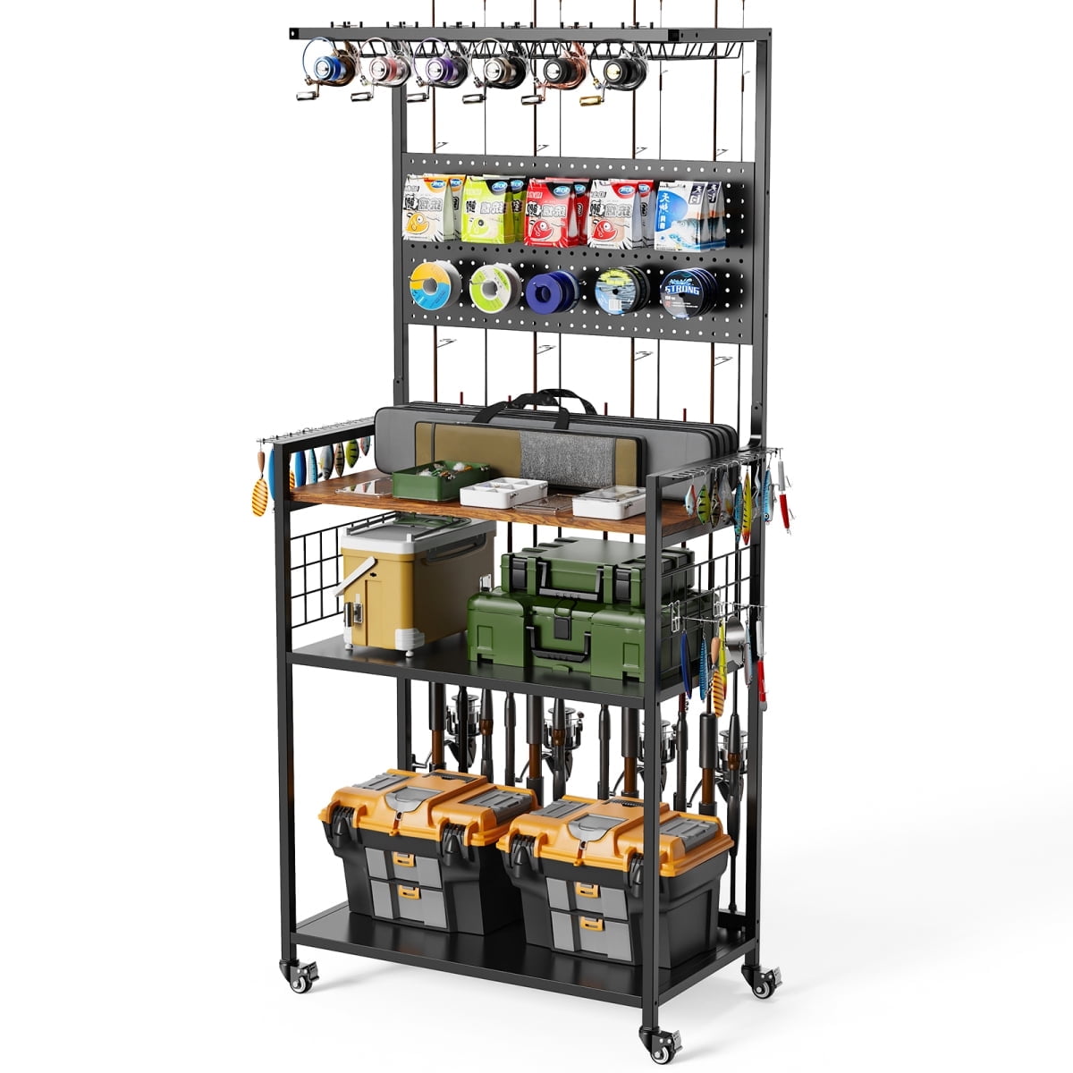 OmniHaven Fishing Rod Storage Rack with Pegboard Rolling Tackle Organizer Cart