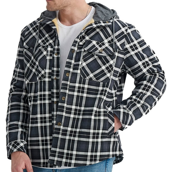 Meichang Fleece Jackets for Men Clearance Plaid Hoodies Fall Button Down Shirt Jacket Classic Fit Long Sleeve Coat Jacket