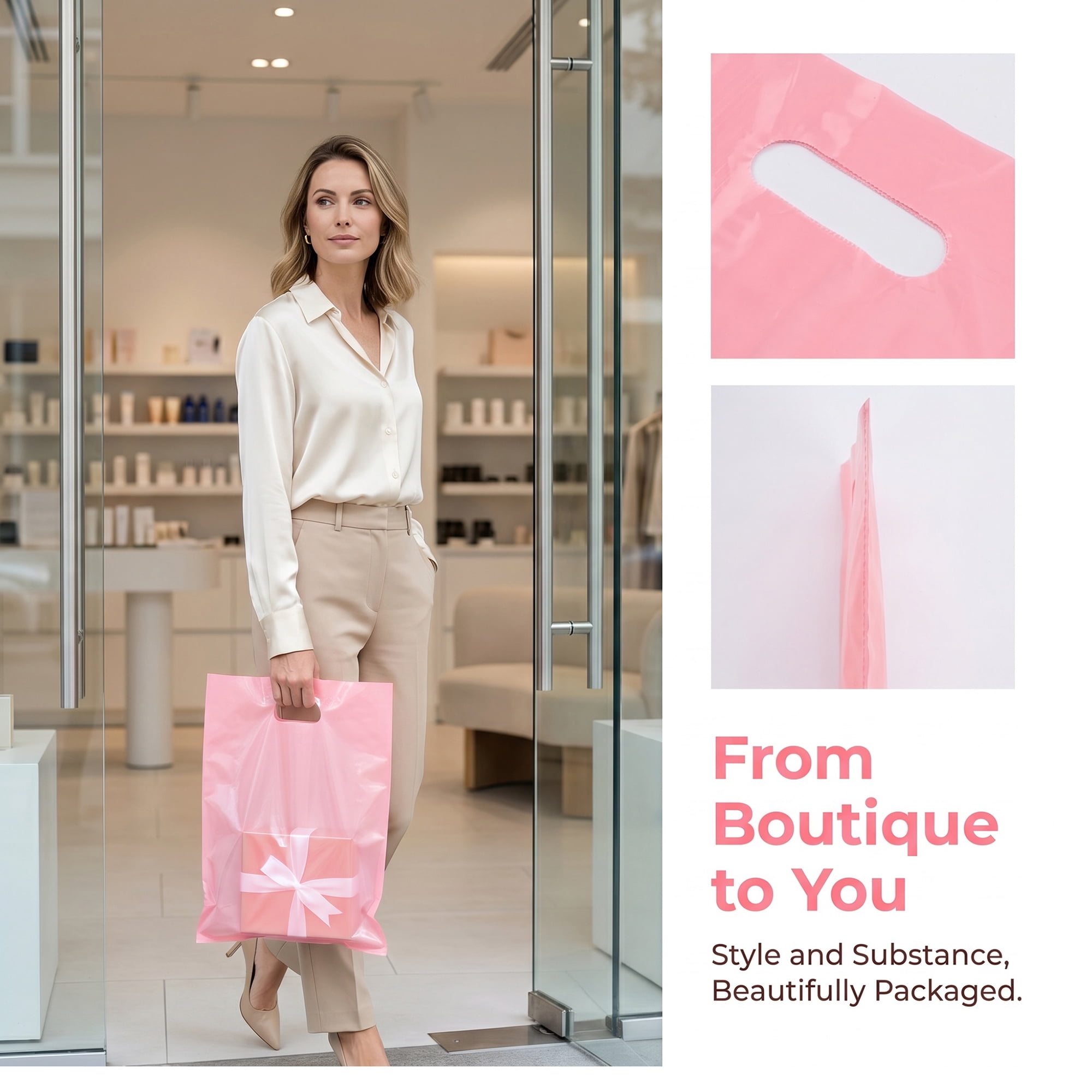 Unique Bargains 50Pcs Premium Waterproof Gift Bags Pink 9.8" x 13.8"