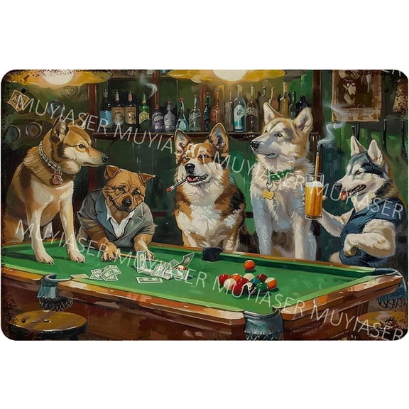 Metal Tin Sign Dogs Playing Pool Vintage Metal Signs Retro Aluminum Tin Sign for Room Garden Door Home Bar Cafe Decor 8x12 Inch