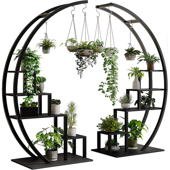 Trilenars 5 Tier Plant Stand,Indoor With 4 Hanging Hooks Tall Plant Shelf,56inch Plant Stand Half-Moon Plant Rack Display Shelf 2 Pcs Plant Holder Flower Shelf Rack Shelves for Living Room,Black