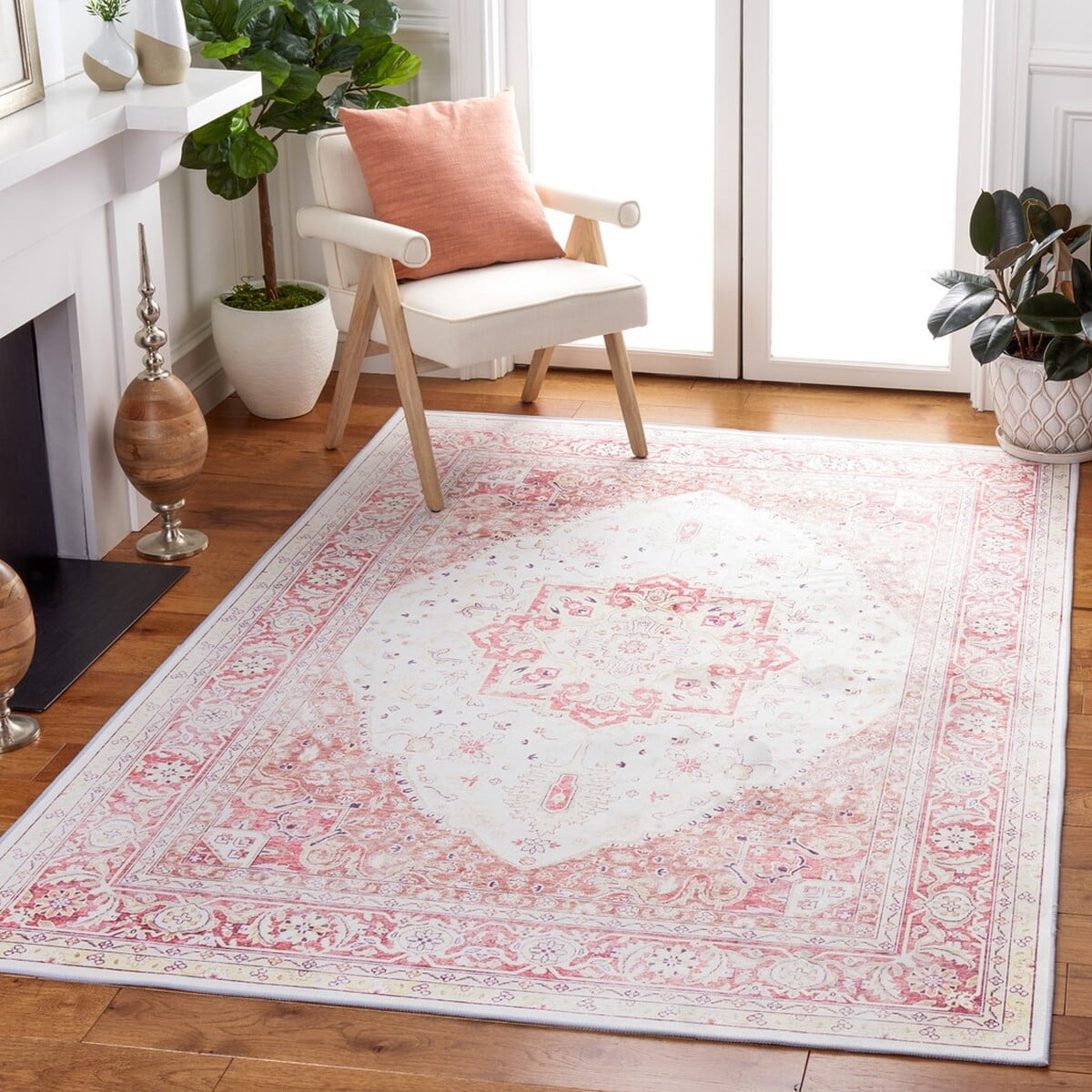 SAFAVIEH Tucson Herbert Traditional Machine Washable Area Rug, 4' x 4' Square, Beige/Rust