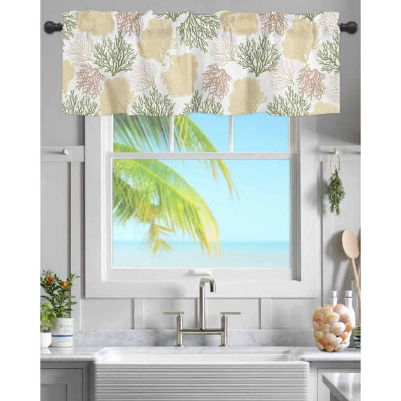 Rod Pocket Window Valances Summer Ocean Sage Green Orange Coral Short Kitchen Curtains Tropical Seaweed Window Treatment Drapes for Bedroom Bathroom Living Room 54x18In,1 Panel