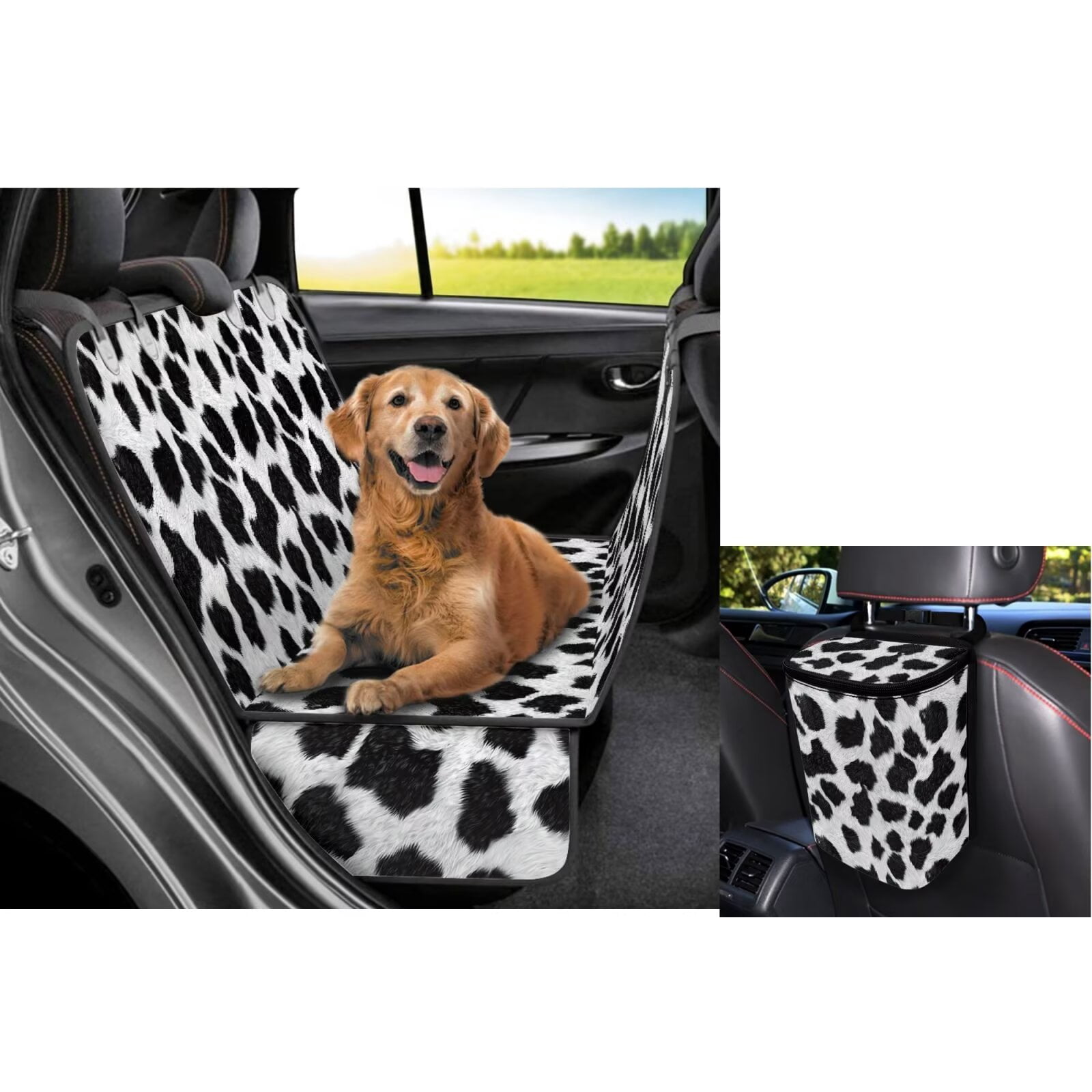 Garronmavis 3 PCS Car Seat Cover Dog Car Seat Cover for Back Seat Dog Bandanas Car Trash Bag Hanging Pet Car Seat Protection for Most Cars Trucks SUVs Black And White Cow Print