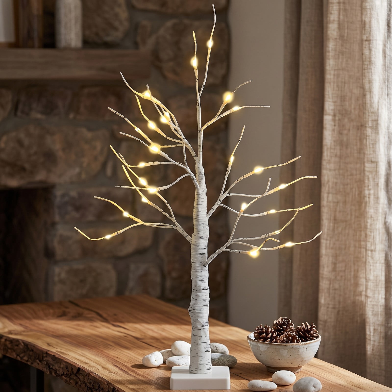 RUIE 2 Feet Pre-Lit White Twig Birch Tree, Battery Powered Tabletop Artificial Christmas Tree with 24 Warm White LED Lights, Bendable Branches for Holiday Home, White
