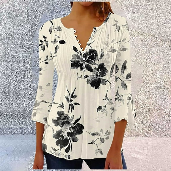 Beige Women's Long Sleeve T-shirt, Summer Tops For Women 2025 Trendy Boho Floral Print Tunic Shirts 7 Sleeve V Neck Tshirt Casual Loose Blouse,Women's Long sleeve T-shirt 3XL