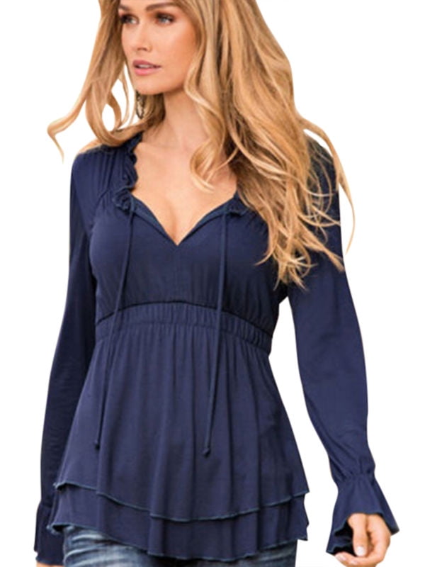 Womens Ladies V neck Long Sleeve Slim Business T Shirts Blouse Peplum Tops Tunic - Walmart.com 