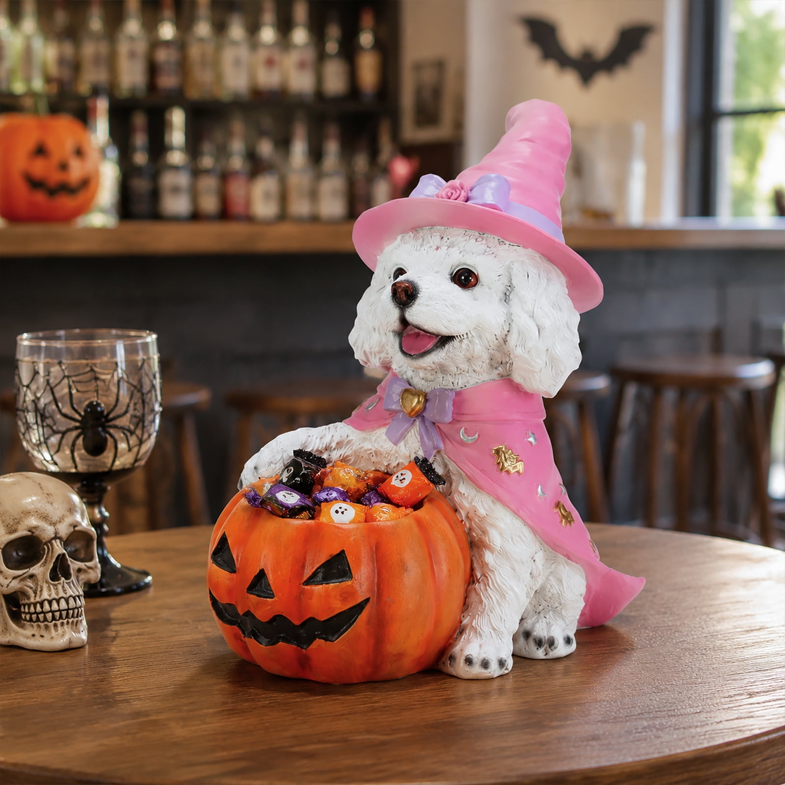 Puppy Halloween Candy Bowl with Pink Witch Hat Pumpkin Holder Resin Tabletop Decor