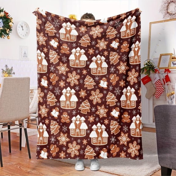 HELLOYOUNG Christmas Blanket Soft Velvet Holiday Throw - Digital Print Gingerbread House Snowflake Design, Warm Winter Cozy Flannel Fleece for Bedroom Sofa Living Room, All Season Polyester Knitted G