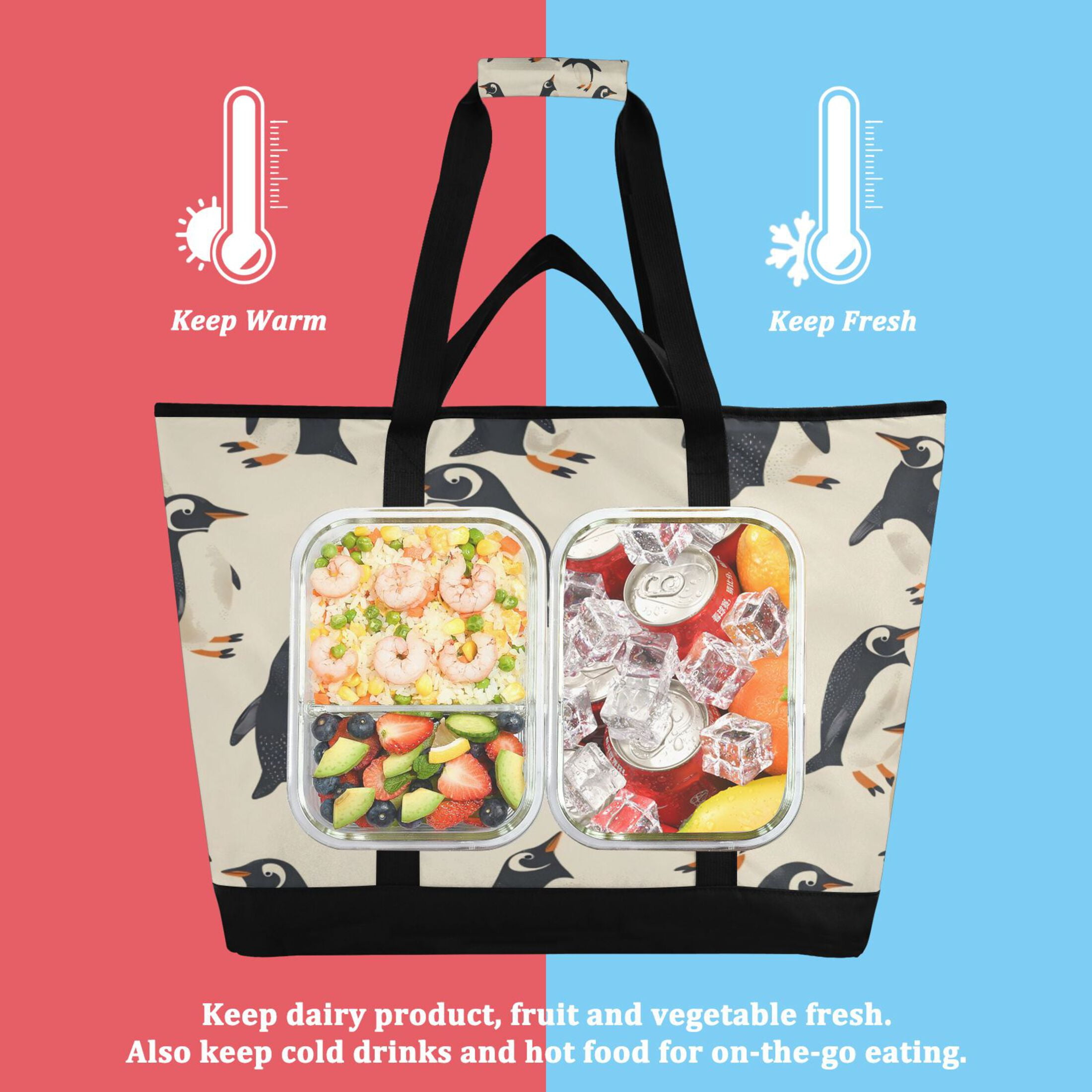 Large Hand-held Ice Pack Picnic Bag Insulation and Refrigeration Suitable for Shopping Picnics and Camping Cute Penguin