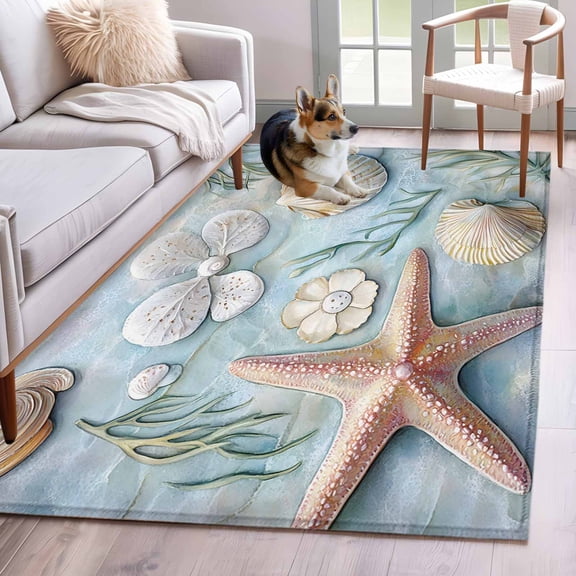 Coastal Starfish Area Rug 3x5 Washable Rug Non Slip Summer Beach Nautical Shell Coral Large Area Rug Indoor Floor Carpet for Entryway Bedroom Kitchen Living Room Home Office Dining Room Nursery