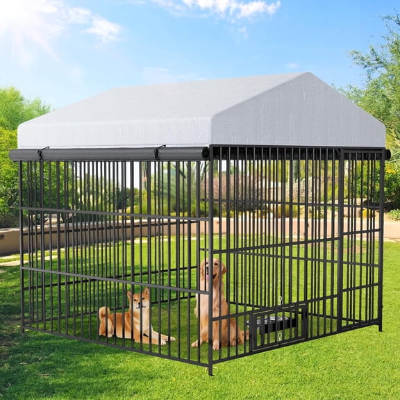 VEPXXP Large Outdoor Dog Kennel 6.6'x6.6'x6.4' Metal Pet Playpen Enclosure with Roof & 360° Rotating Bowls