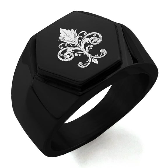 Stainless Steel Ornate Fleur De Lis Engraved Hexagon Crest Flat Top Biker Style Polished Ring