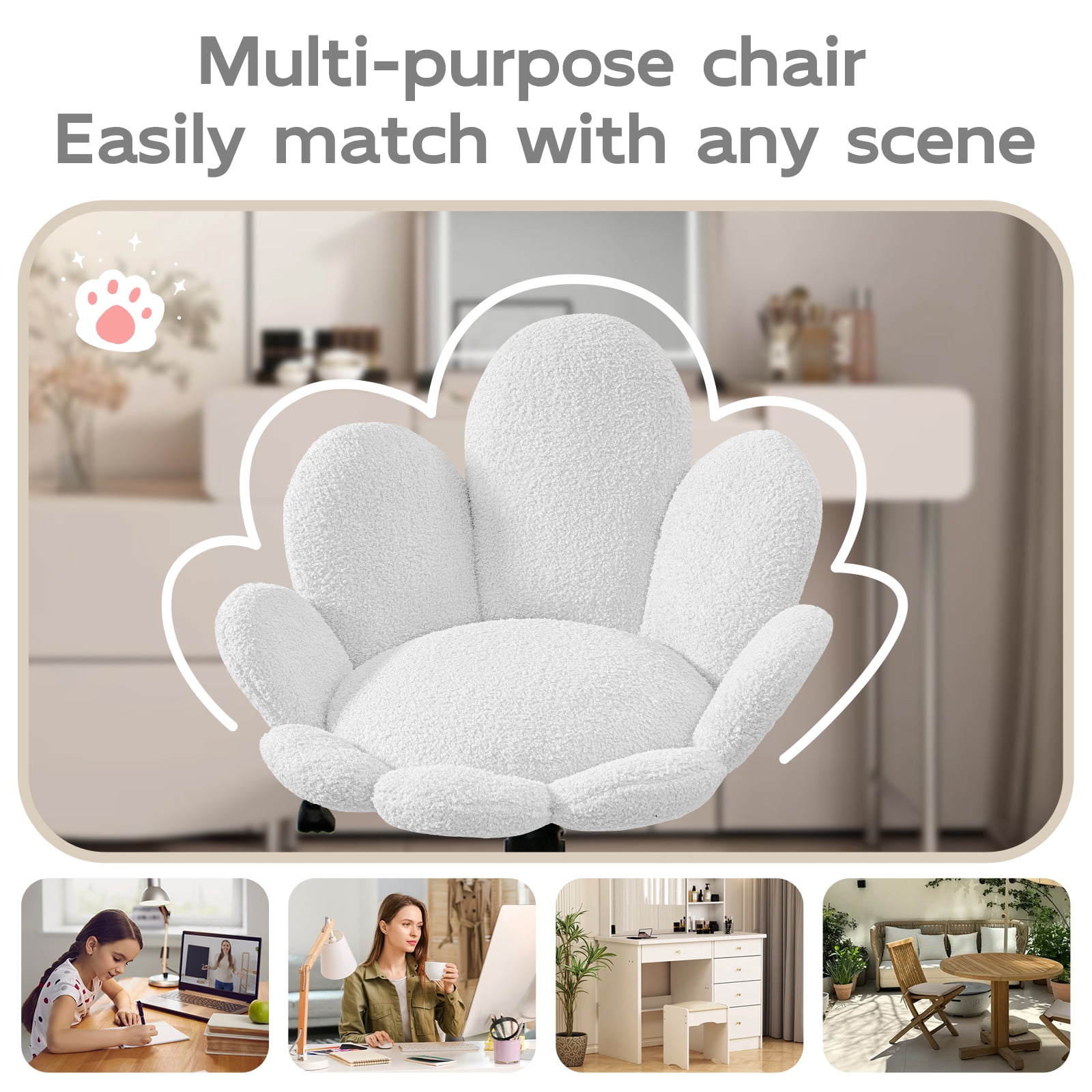 Solfway White Vanity Chair with Wheels and Back, Cute Daisy Flower Comfy Upholstered Fuzzy Vanity Desk Chair for Girls Makeup, Swivel Rolling, and Height Adjustable