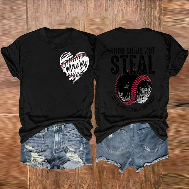 Fiudx Ofertas Flash Del Día Solo En Línea Camiseta de Manga Corta con Cuello Redondo y Estampado de Doble Cara de Béisbol Informal a La Moda para Mujer