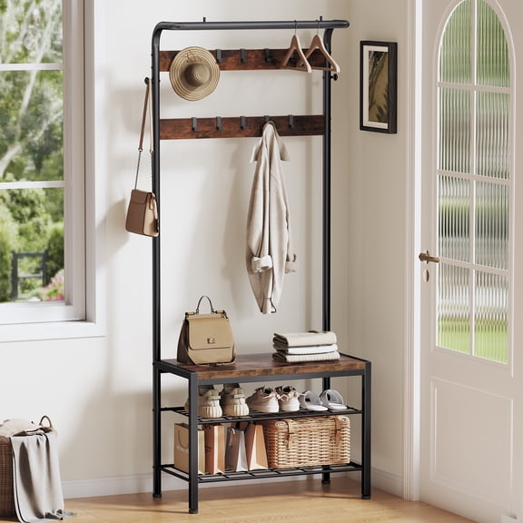 CONCETTA 4-in-1 Coat Rack Hall Tree with Shoe Bench, Shoe Storage, Removable Hooks, Hanging Rod, 13.3 x 28.3 x 72.1 Inches, Rustic Brown