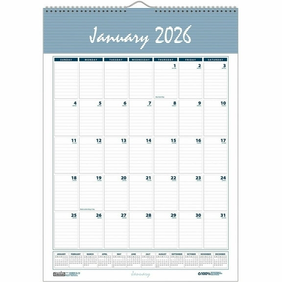 House of Doolittle 334 22 in. x 31.25 in. 12-Month (Jan-Dec 2026) Bar Harbor Recycled Wirebound Monthly Wall Calendar - White/Blue/Gray Sheets
