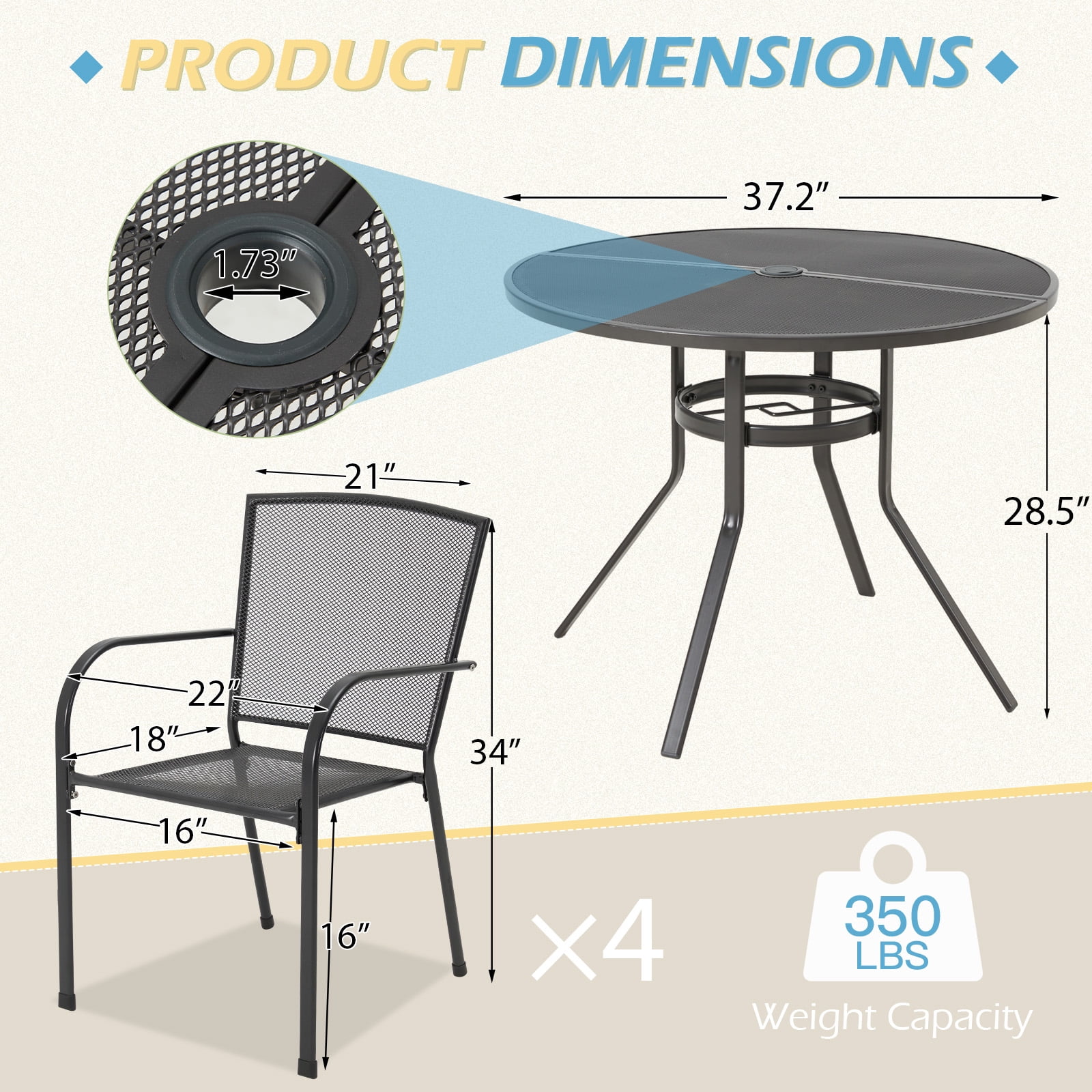 AECOJOY 37" Round Outdoor Dining Table, Metal Patio Table with Umbrella Hole-Black