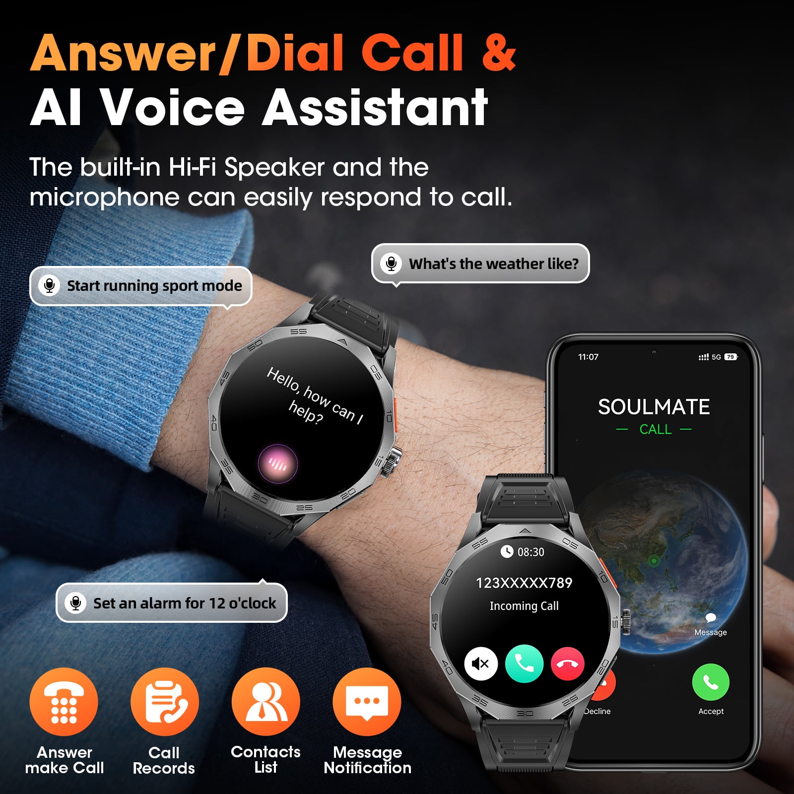 Haulvean Military Smart Watch for Men, 1.85-inch fits for Android and Iphone Devices, with Answer/Make Calls/100+ Sport Modes, Fitness Tracker Watches (Black)