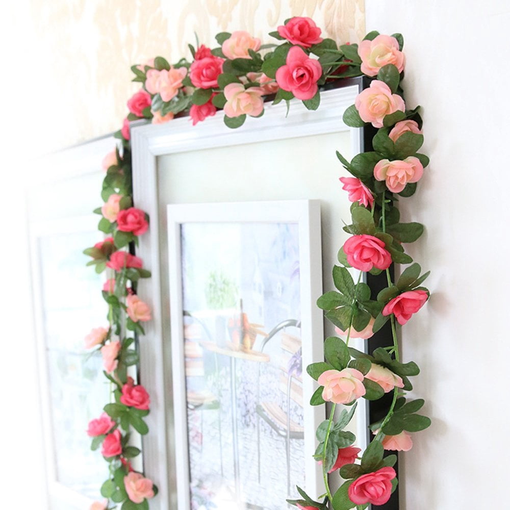 Clearance 2 Pack 16.4 FT Fake Rose Vine Flowers Plants Artificial Flower Hanging Rose Ivy Home Decor Pink