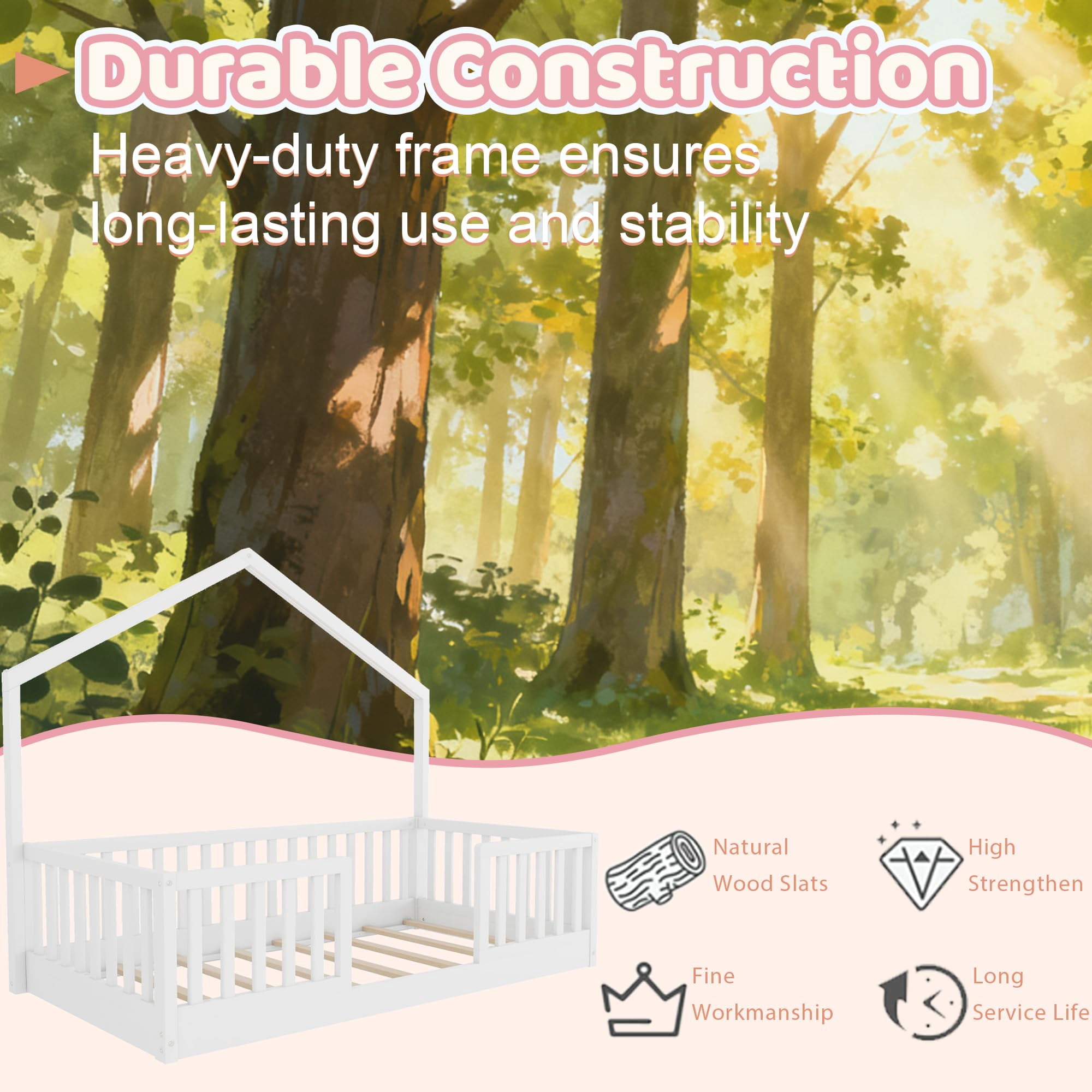 Mirightone Twin Floor Bed with High Rails, Wooden Montessori Bed Frame with Single Color Light and House Shape Design, Low Profile Beds, twin bed frames white