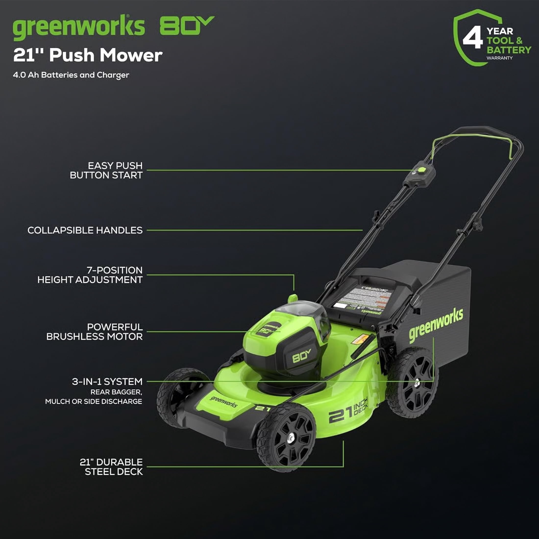 Greenworks 80V 21" Push Mower with (1) 4Ah Battery & Charger 2501202VT​