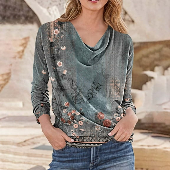 Craaazy Dressy Blouses For Women Long Sleeved Pleated Collar Casual Printed Loose And Fashionable Tops Gifts For Women