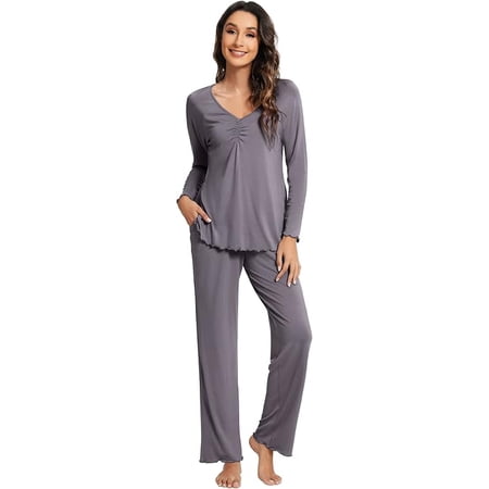 WiWi Womens Viscose from Bamboo Pajamas Set Long Sleeve Top with Pants Sleepwear Soft Knit Pajama Pjs S-XXL Dark Grey Small