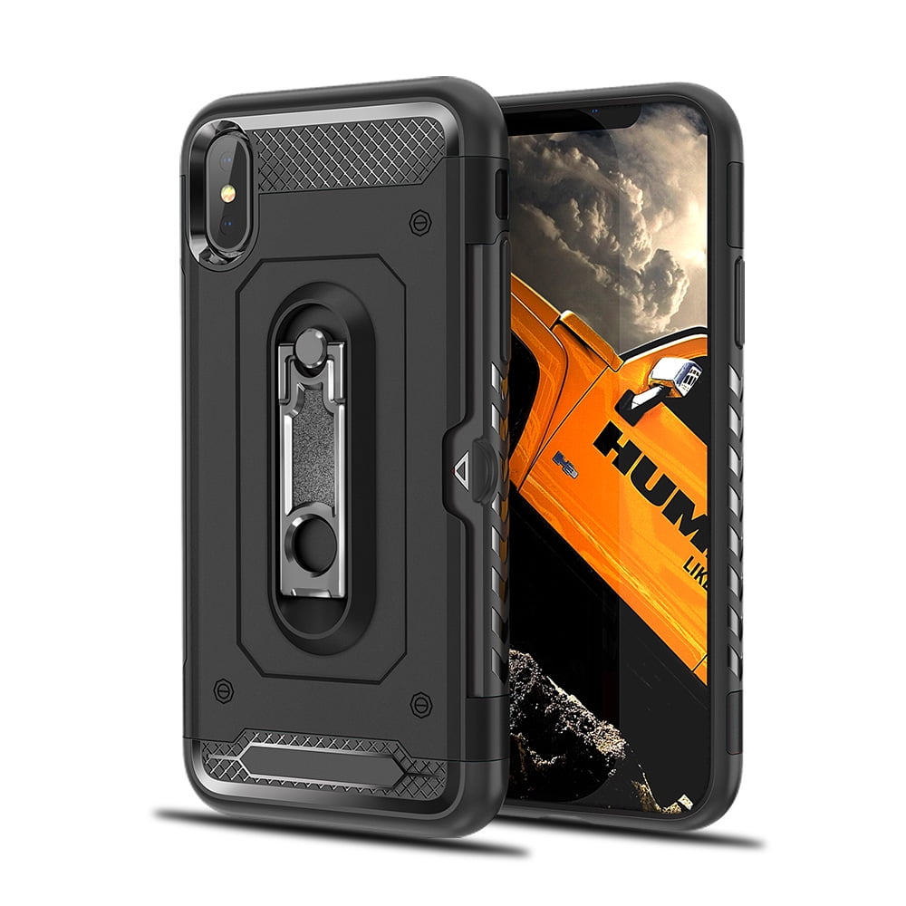 SumacLife Perfect Fit Hybrid Case for iPhone X Heavy Duty with Built-In Stand and Card Holder