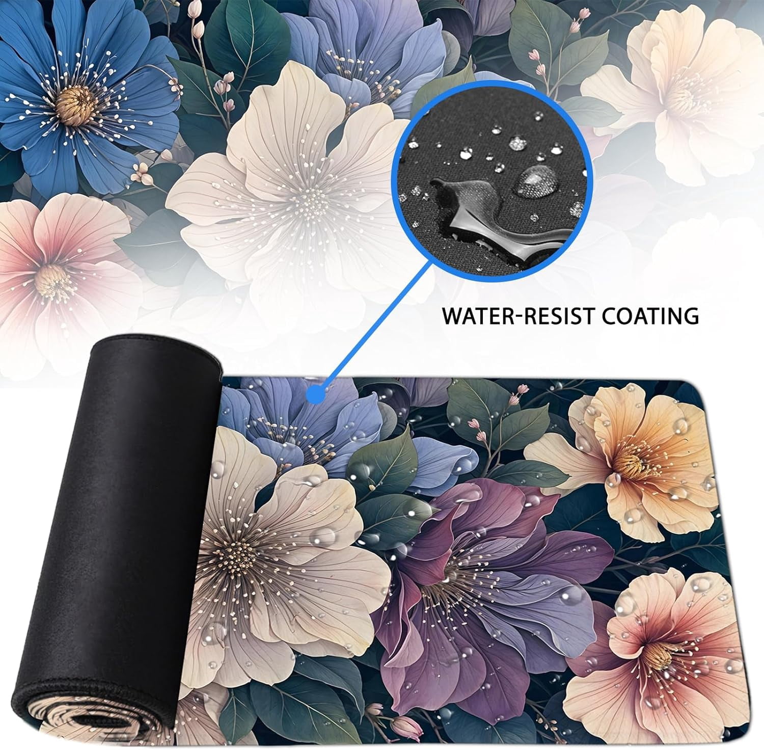 BlueFloral Gaming Mouse Pad, Large Computer Keyboard Mousepad, Flower Mouse Mat Big with Non-Slip Base and Stitched Edges, Long Desk Mat for Home Office 11.8”x 31.4” XL Gift for Christmas