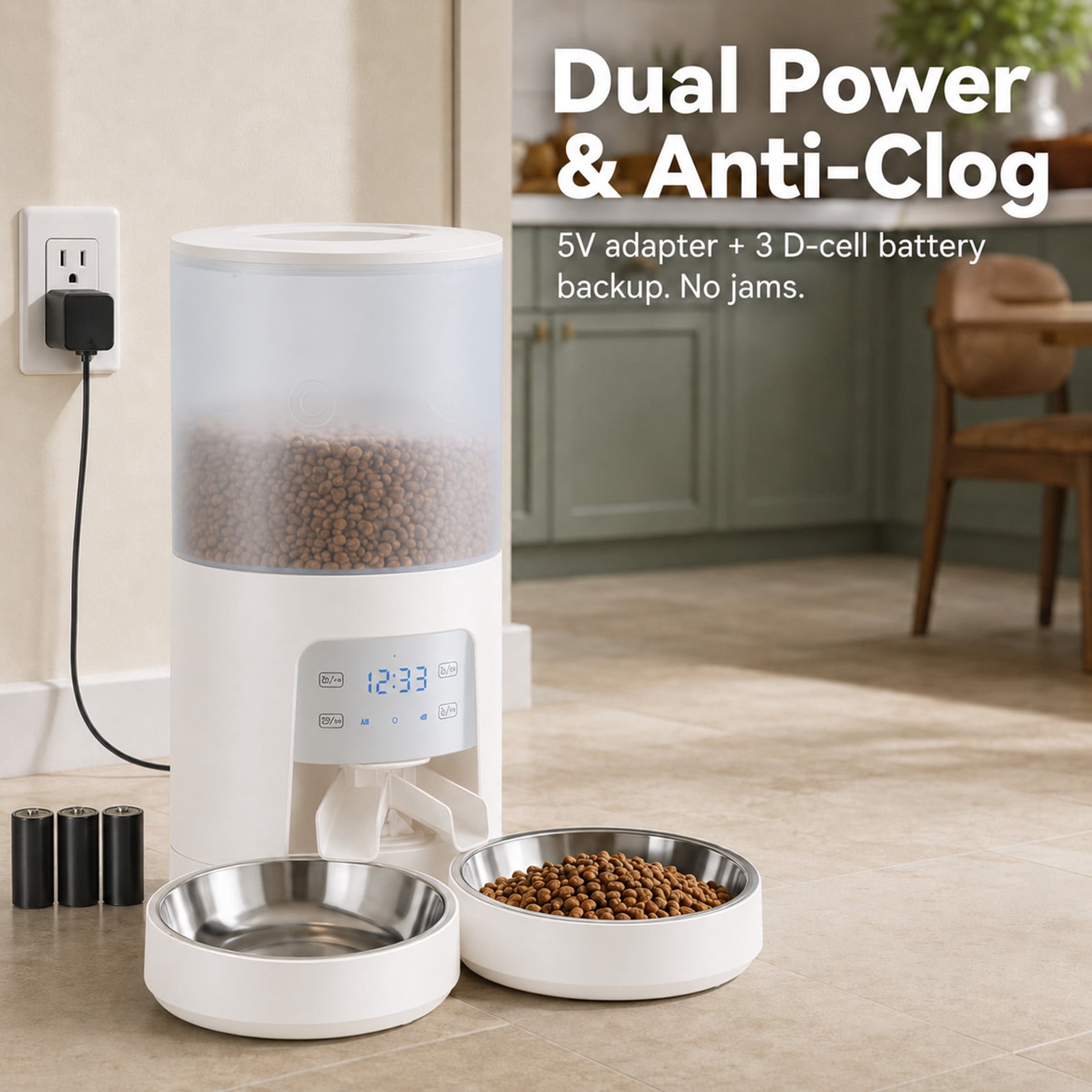 Alvantor 6L Automatic Cat Feeder, imed Cat Food Dispenser with 2 Stainless Bowls, Supply 10S Voice Recorder, Dual Power, Dual Pet Feeder for Cats and Dogs