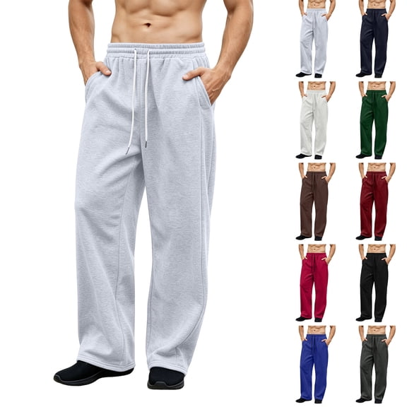 Men's Fleece Lined Casual Pants Fall Winter Drawstring Waist Straight Wide Leg Joggers Casual Loose Fit Athletic Sweatpants with Pockets