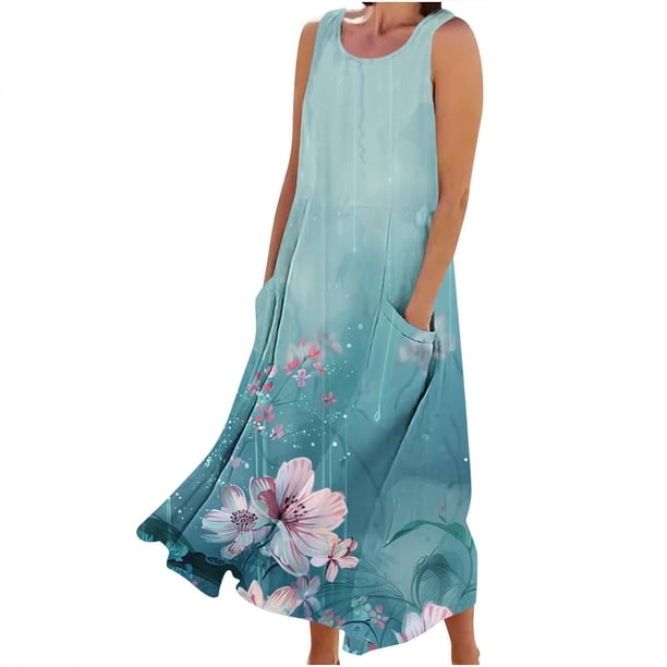 Vestido de Verano para las Mujeres sin Mangas Lino-Look Impreso Maxi, Suelto Fluido Y Vestido Sexy de Moda para las Mujeres