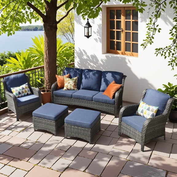Vcatnet 5 Pieces Outdoor Patio Furniture Set Wicker Sectional Sofa High-Back Conversation Set with Ottoman, Denim Blue