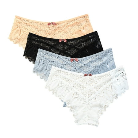 Underwear Women Briefs 4pc Panties for Women Lace Thong Lace Breathable Underwear Scallop Thongs Ladies Plus Size Underpant Briefs Ladies Underwear White XXL