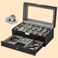 thumbnail image 1 of Reloj Caja Organizador, Estuche Alhajero con 12 Compartimentos y 1 Cajón para Joyería y Relojes, Caja Reloj de Piel PU, Relojero con Tapa Cristal y Forro Terciopelo, Regalo para Hombre y Mujer (Negro), 1 of 4