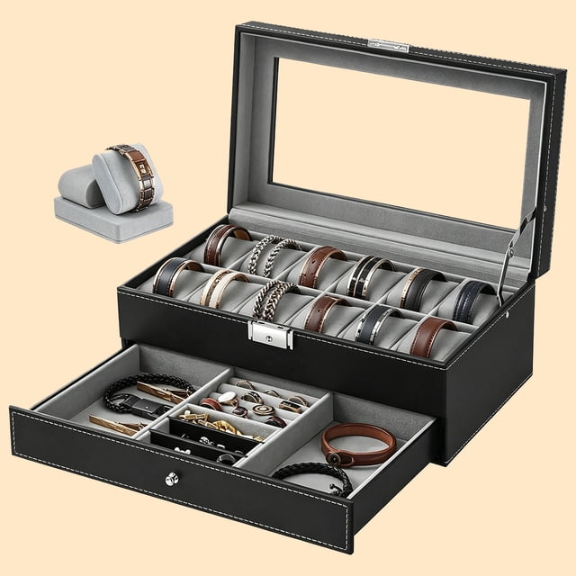 Reloj Caja Organizador, Estuche Alhajero con 12 Compartimentos y 1 Cajón para Joyería y Relojes, Caja Reloj de Piel PU, Relojero con Tapa Cristal y Forro Terciopelo, Regalo para Hombre y Mujer (Negro)