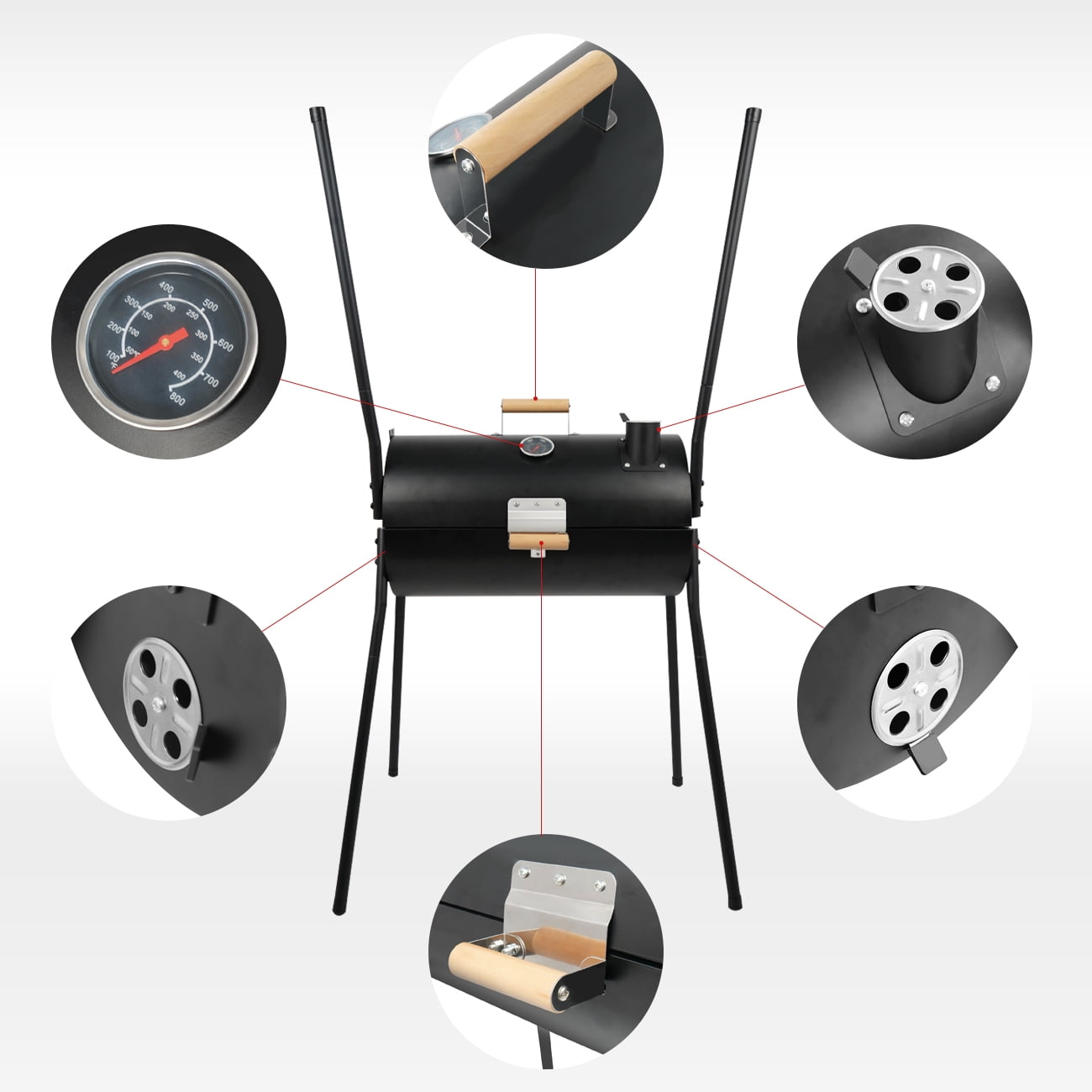 Linsen-outdoors Portable Rotisserie Charcoal Grill with Thermometer Double-sided Smoker Grill for Outdoor Patio Backyard Camping and Parties Black