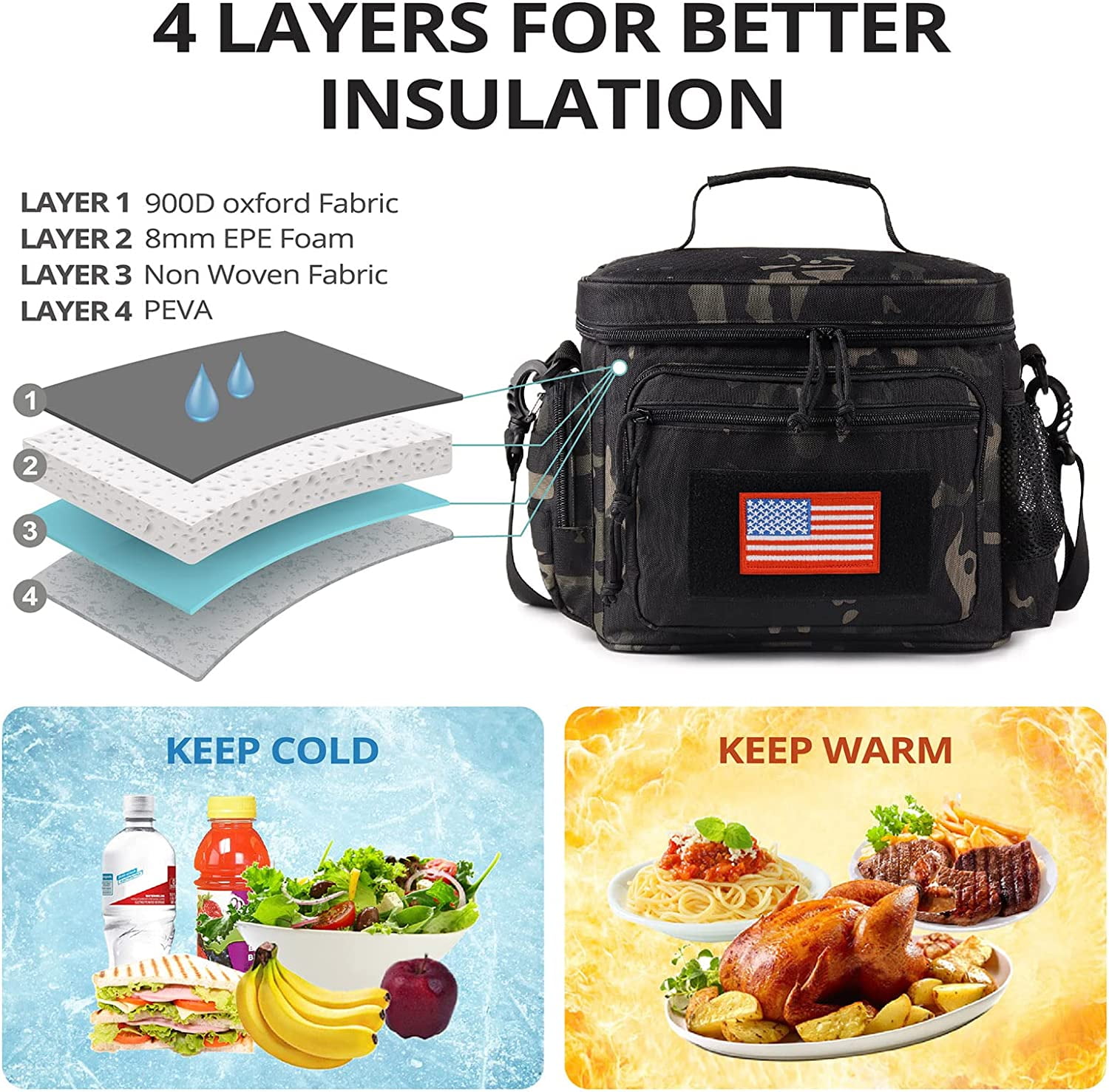TRIPGEAR Lunch Box for Men, Mens Lunch Bag with Webbing Leakproof Insulated Large Capacity Cooler Bag with Adjustable Shoulder Strap(12.3L Camo-Black)